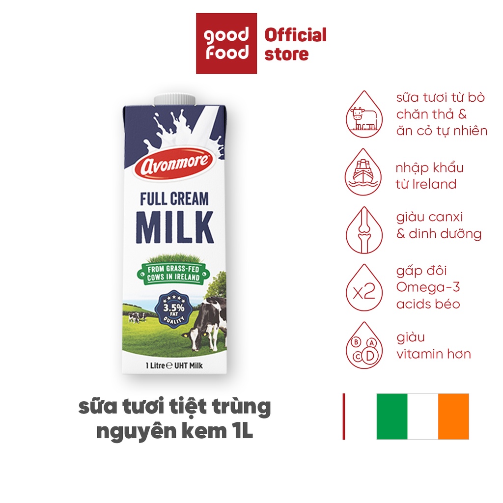 Sữa tươi nguyên chất tiệt trùng (không đường) Avonmore UHT Full Cream Milk 1L giàu chất dinh dưỡng tốt cho sức khỏe