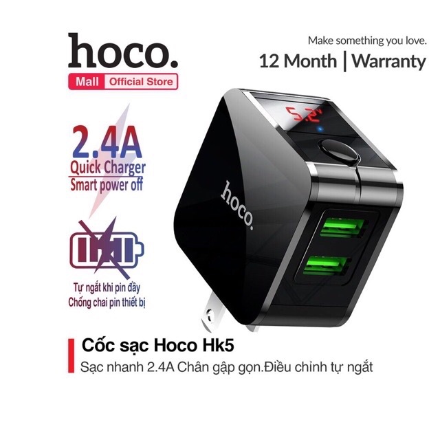 Củ sạc nhanh tự ngắt khi sạc đầy 2 cổng sạc usb Hoco HK5 chính hãng