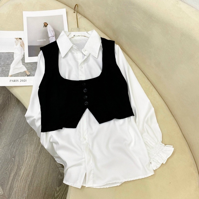 Set áo lồng sơ mi tay bo chun 2 trong 1