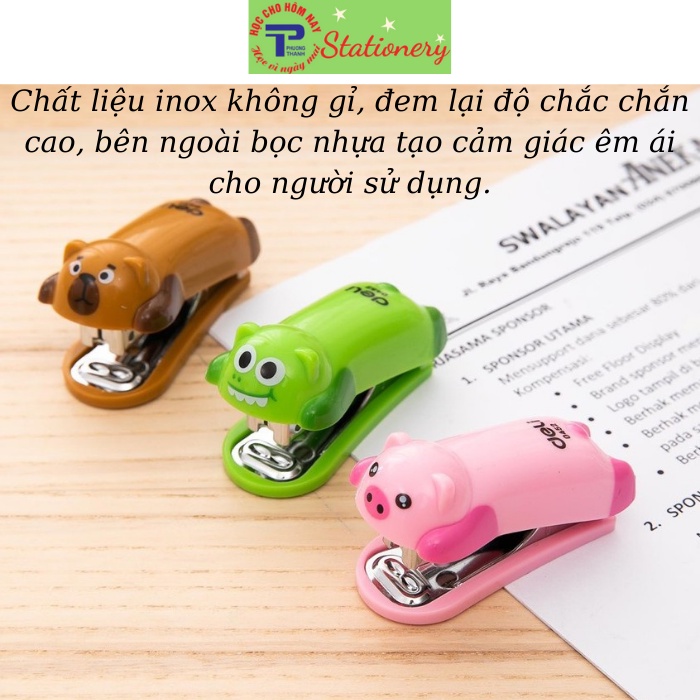 Dập ghim mini 10 Deli - 12 trang, gấu nâu, lợn hồng, cá sấu xanh xinh xắn dễ thương - E0452