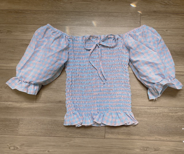 áo bẹt vai caro nhún form croptop hàng chuẩn qc siêu xinh