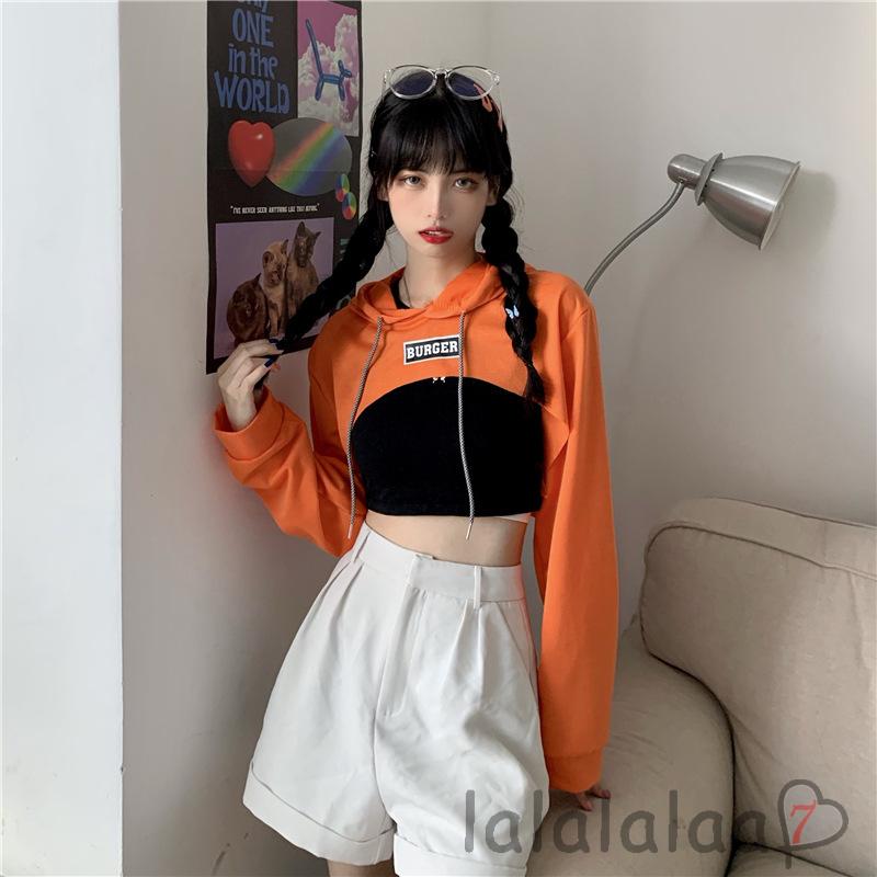 Áo croptop tay dài có nón trùm thêu chữ Laa7 cá tính cho nữ