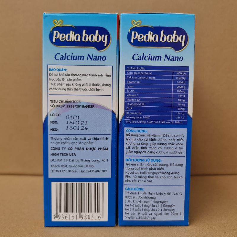 PEDIABABY KID CALCIUM NANO - Bổ sung canxi cho cơ thể  (HỘP 20 ỐNG)