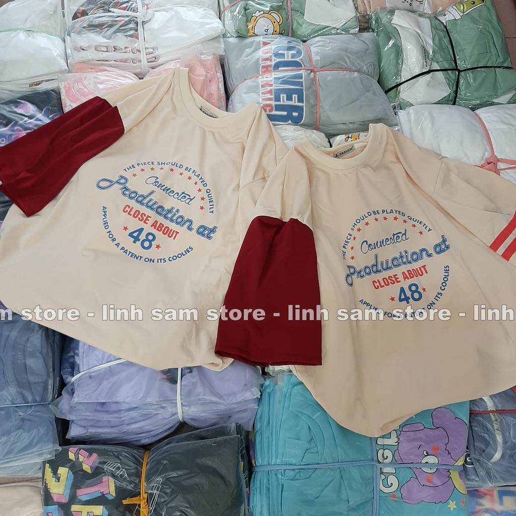 Áo thun nữ tay lỡ freesize phông form rộng dáng Unisex, mặc cặp, nhóm, lớp in chữ PRODUCTION 48 MÀU NUDE SỮA | BigBuy360 - bigbuy360.vn