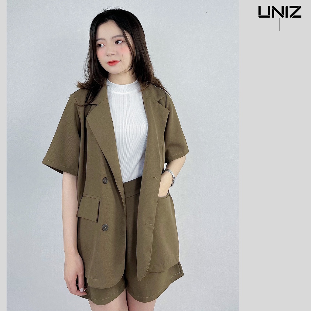 Set vest cộc tay UNIZ (màu nâu), áo blazer cộc tay, quần short cạp cao, form rộng, có cúc, chất trượt hàn 109