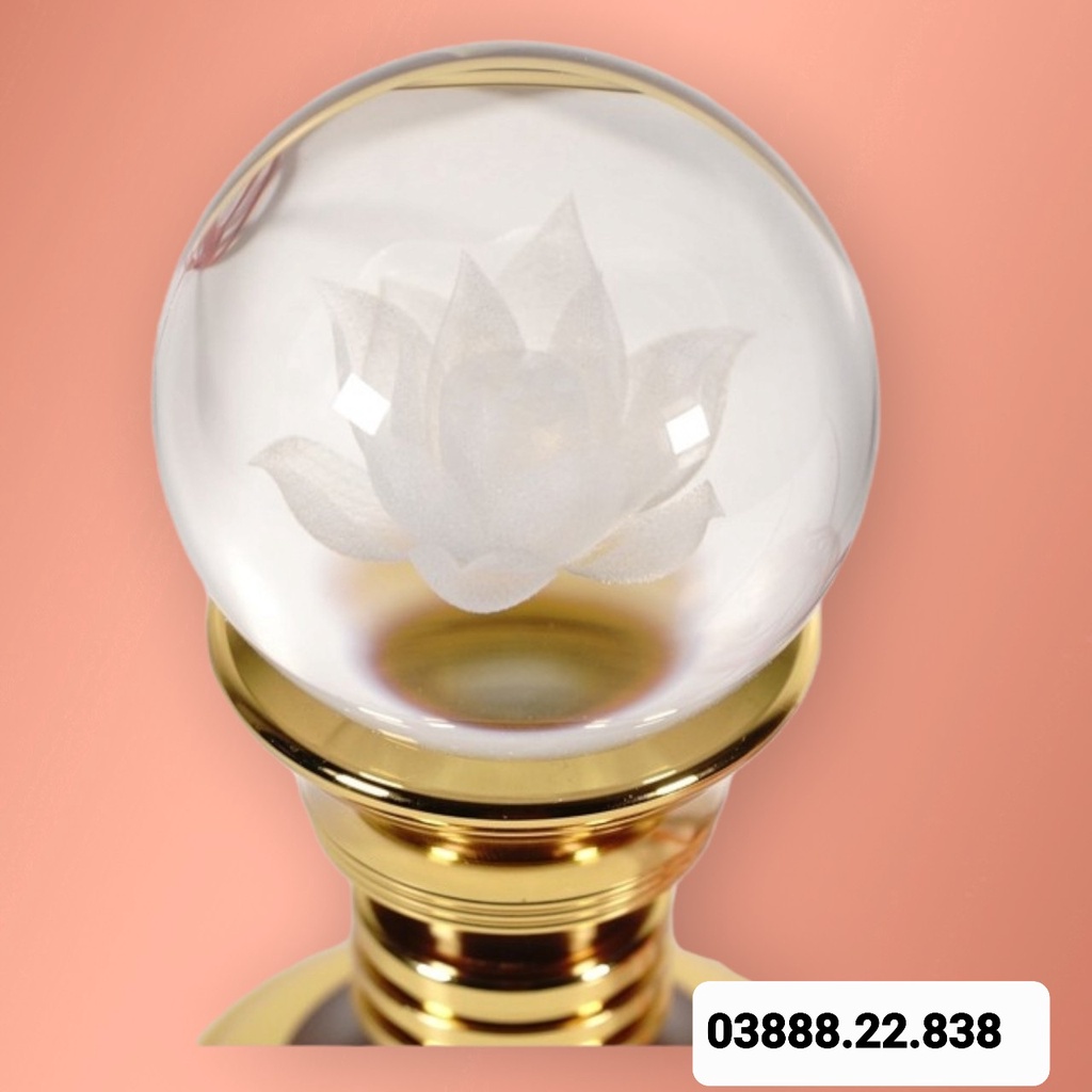 Đèn thờ led pha lê quả cầu sen nguyên khối đế đồng vàng đổi màu cao cấp – 8in cao 20 cm