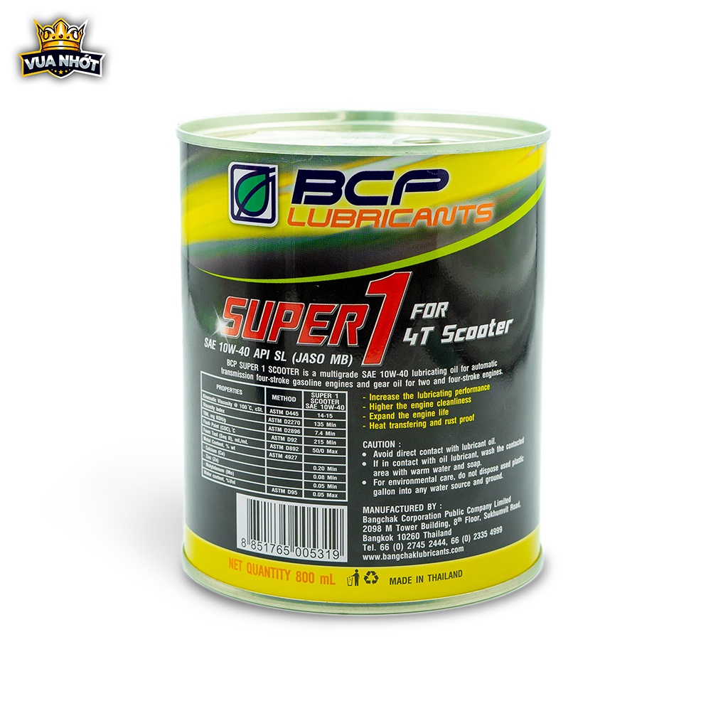 Nhớt Lon Xe Tay Ga BCP Super 1 Thái Lan SAE 10W40, API SL, 0.8 Lít