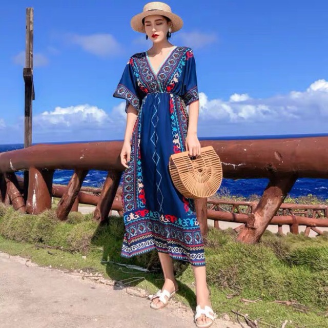 Váy maxi boho hoạ tiết thổ cẩm VHP41 (có hình thật) | BigBuy360 - bigbuy360.vn