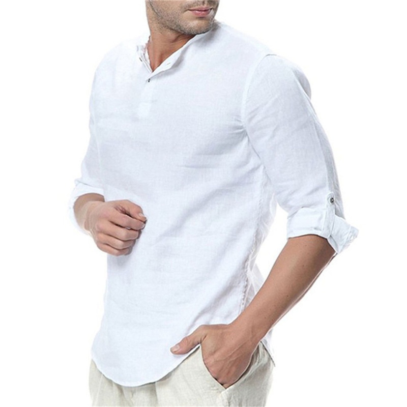 Áo Sơ Mi Vải Lanh Cotton Trơn Cổ Đứng Dài Tay Phối Nút Dáng Rộng Thời Trang Nam