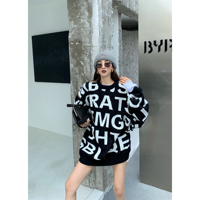 Áo sweater nữ tay dài dáng rộng in chữ phong cách vintage
