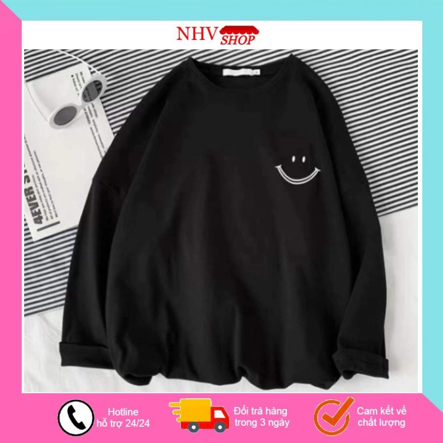 🚀FREE SHIP🚀Áo thun trơn tay dài ống xuông màu trắng đen hình mặt cười NHV Shop