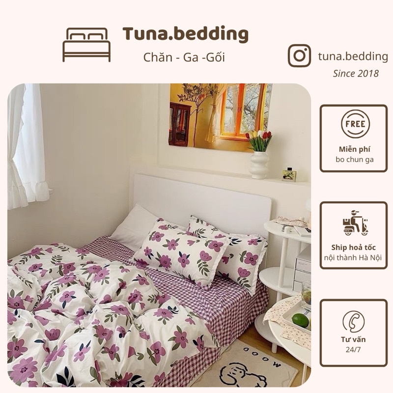 BỘ VỎ CHĂN GA GỐI POLY HOA LÁ TÍM (HÀNG NHẬP KHẨU)