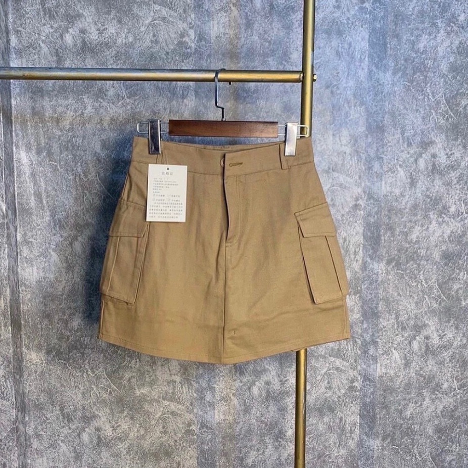 Chân váy kaki cạp cao chữ A túi hộp, chân váy ngắn, mã CV02, màu nâu