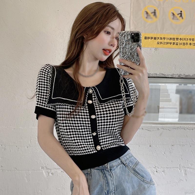 Áo Dệt Kim Tay Ngắn Cổ Thủy Thủ Kẻ Sọc Caro Trẻ Trung Thời Trang Phong Cách Hàn Quốc Cho Nữ