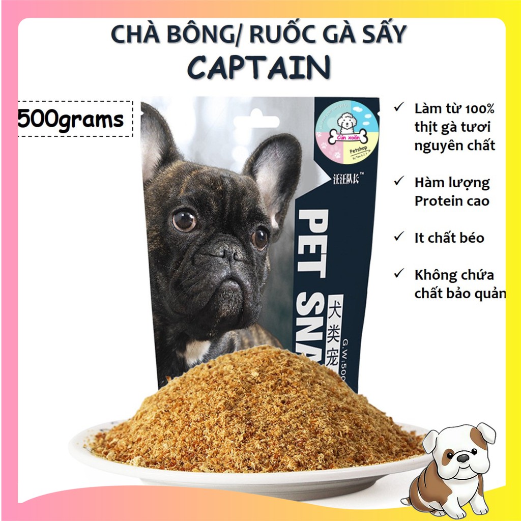 Chà bông gà sấy khô nguyên chất cho chó Captain 🐔Túi 500gr🐔 dùng trộn cơm và hạt