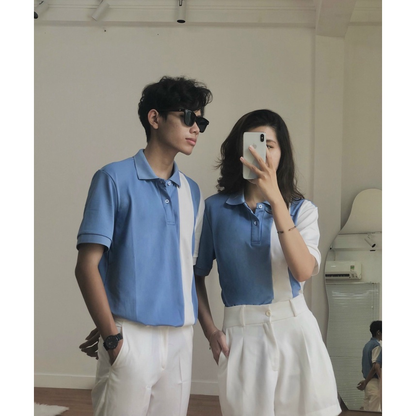 Áo Thun Nữ Cổ Bẻ màu Xanh Phối Sọc Trắng Chất Cotton Mềm Mát Mặc Đẹp Thoải Mái [NEW UNISEX]