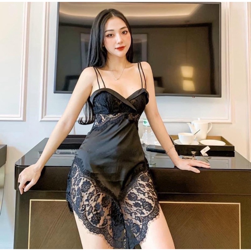 Váy ngủ lụa hai dây sexy có mút ngực phối viền ren hàng Quảng Châu cao cấp SP030