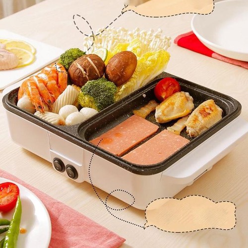 Chảo điện 2 ngăn mini Hàn Quốc - bếp 2 ngăn lẩu nướng chiên rán