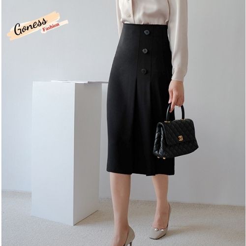 Chân váy dài chữ a GONESS xếp ly dài qua gối, chất vải mềm kiểu dáng công sở cho phái nữ