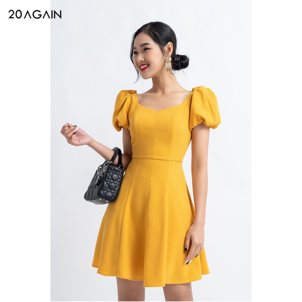 Đầm váy nữ công sở 20AGAIN đủ màu, đủ size, tay bồng đính cúc sang trọng DEA1101