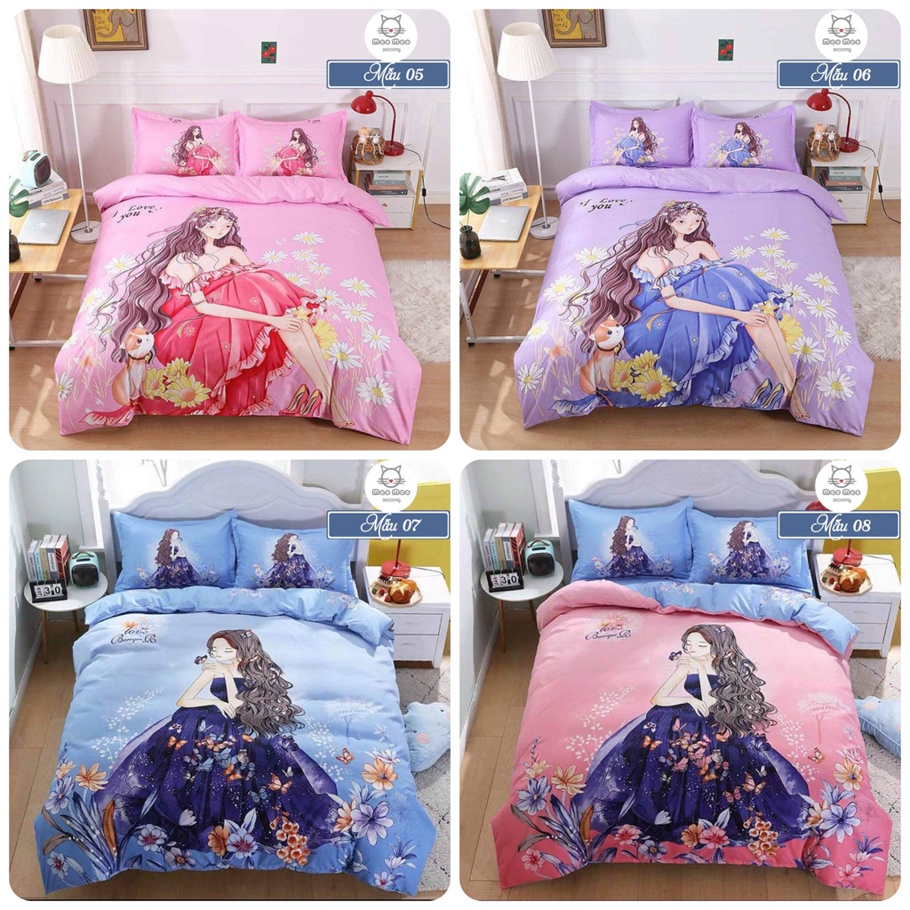 Bộ 4 Món Chăn Ga Gối Cotton Tina Doremon, Công Chúa Dày Dặn, Mềm Mịn