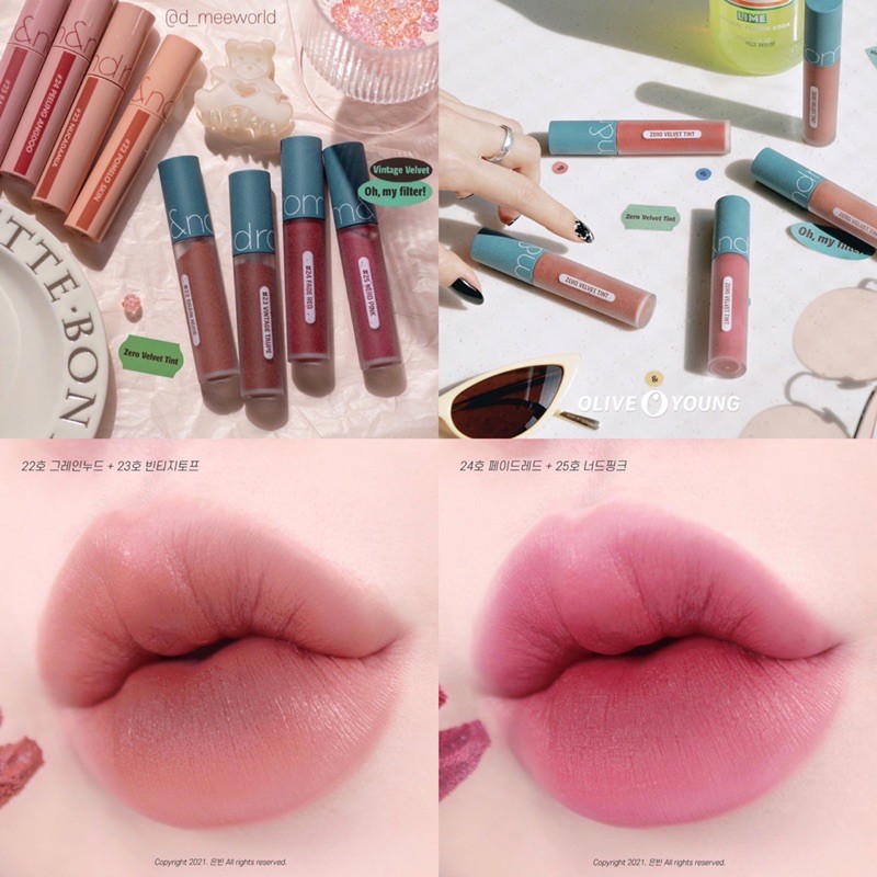 [Màu 22-25] Son kem lì Romand Vintage Filter Zero Velvet Tint 2021 | Thế Giới Skin Care