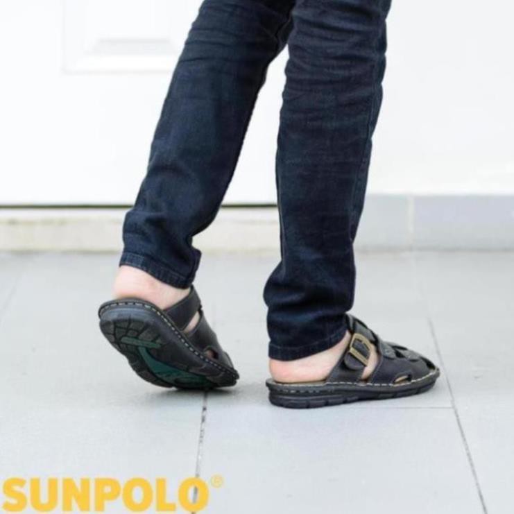 [Sale 3/3] Dép Rọ Nam Da Bò Cao Cấp SUNPOLO Nâu Đen - SUA20ND Sale 11 -op1 " az