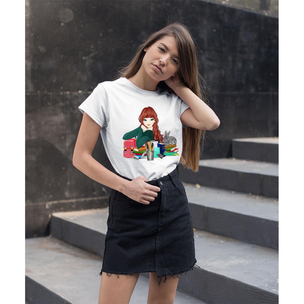 Áo thun Nữ in hình Cô gái và những quyển sách - Cotton Thun - Phong Cách Dẽ Thương - Cá Tính Và Đẹp