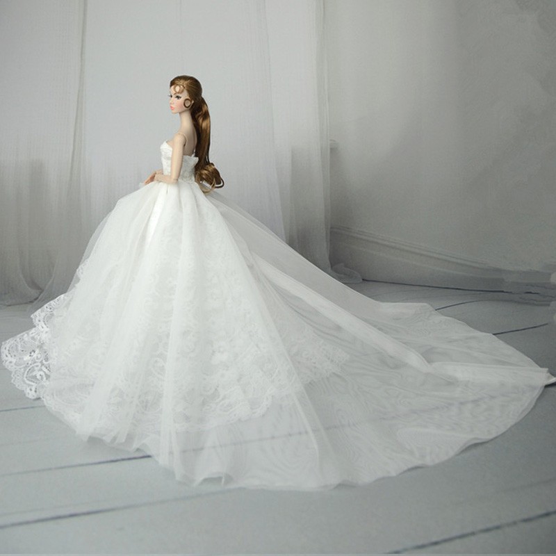 Đầm Công Chúa Phối Ren Màu Trắng Làm Thủ Công Xinh Xắn Cho Búp Bê barbie / Đầm Cưới