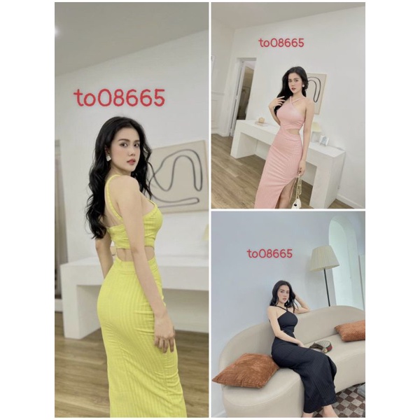 Đầm Thun Cổ Yếm Hai Dây Mảnh Khoét Hở Eo Lưng - Dáng Dài Maxi Xẻ Tà Ôm Body Sexy - Thun Gân Xương Cá