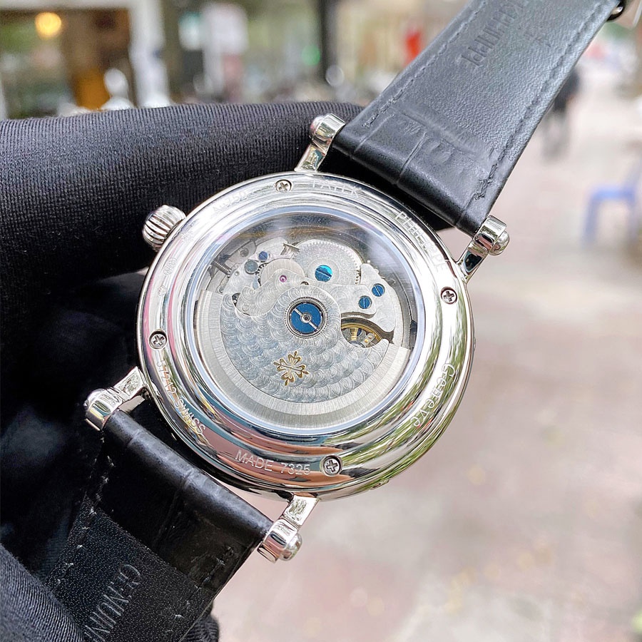 Đồng hồ Nam Rolex cơ tự động 6kim trăng sao size 40-41 dây da có thứ ngày mặt đen vỏ trắng