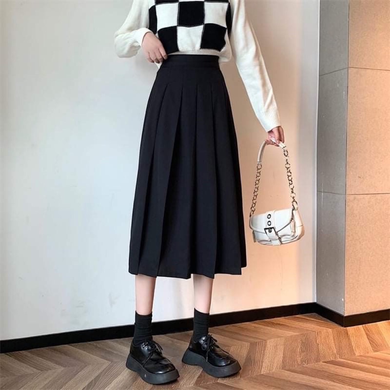 Chân váy xếp ly dáng dài lưng cao siêu hách dáng