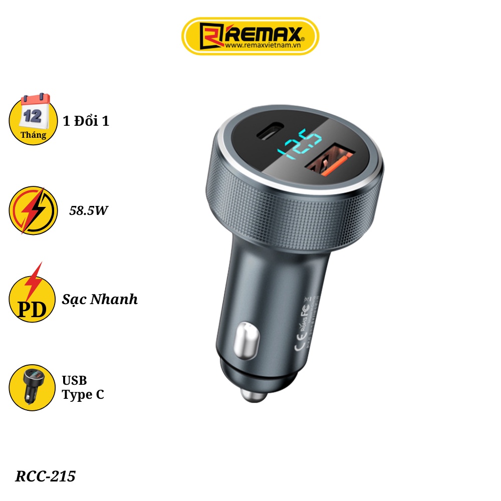 Tẩu sạc ô tô Remax siêu nhanh 2 cổng 58.5w pd qc3.0 5a chống cháy nổ có led quick charge 3.0 xe hơi Remax RCC-215