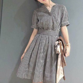 Đầm Váy caro cổ trụ bo eo
