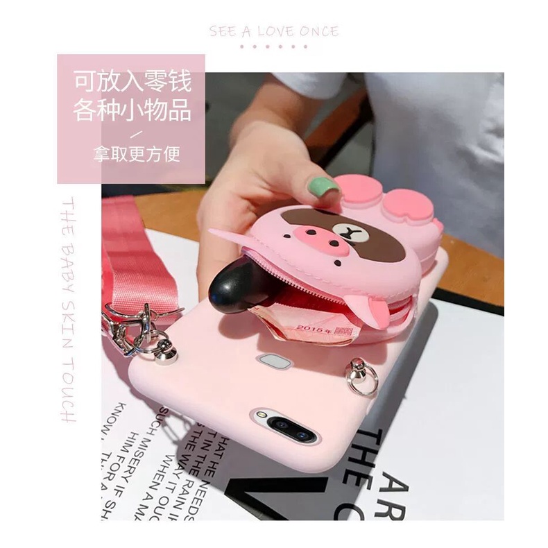 Đối với Xiaomi Redmi 9 9A 9C 9T 10 10A 10C 12 12C 11A Note7 Note8 Note9 Note10 Note11 Note12 Pro Note9S Note10S Note11S Note12S Phim hoạt hình Gấu khủng long Túi ví lợn màu hồng Vỏ điện thoại
