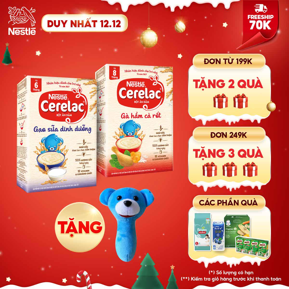 [Tặng 1 Lục Lạc Gấu] Combo 2 Hộp Bột Ăn Dặm Nestlé Cerelac Gạo Sữa Và Gà Hầm 200g/Hộp