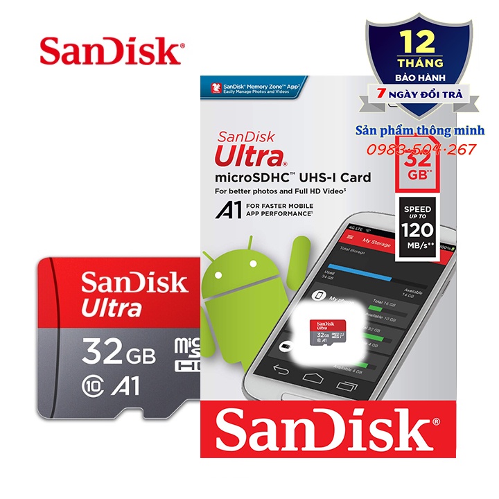 Thẻ nhớ MicroSDHC 16GB 32GB 64 GB SanDisk Ultra Class 10 A1 UHS-I 120M/s - Bảo hành 12 tháng