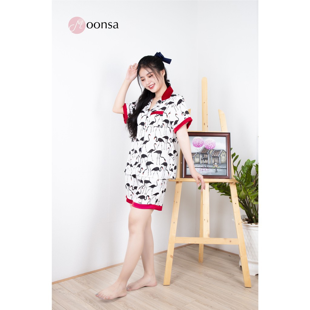 [Mã WARN60 hoàn 15% xu đơn 300k] Bộ pijama Lụa hàn siêu mềm Họa Tiết Hạc Đen [Moonsa] | BigBuy360 - bigbuy360.vn