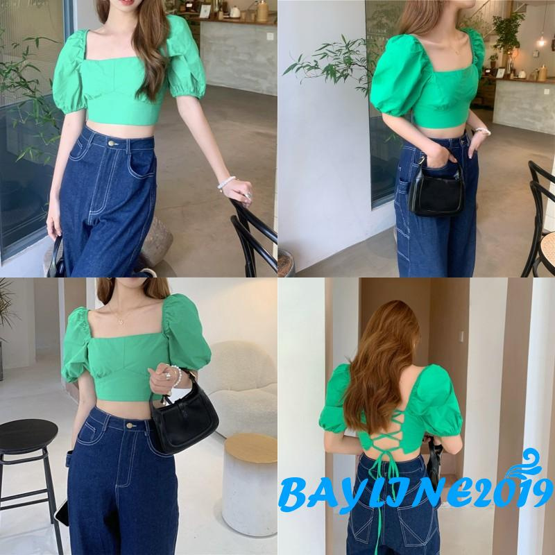 Áo Croptop Tay Phồng Cổ Vuông Hở Lưng Đan Dây Chéo Gợi Cảm Cho Nữ