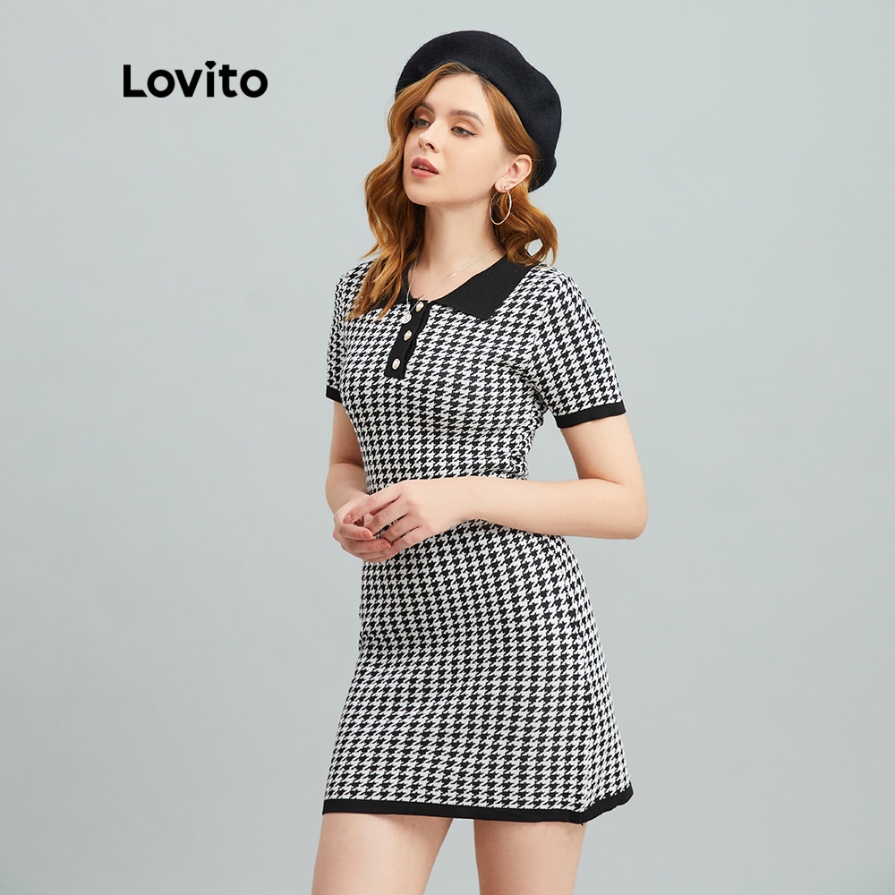 Đầm Lovito cổ bẻ họa tiết sọc caro phong cách preppy L10179 (Màu đen)