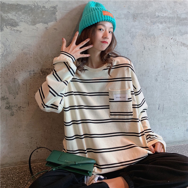 Áo sweatshirt IELGY họa tiết sọc dáng rộng tay dài thiết kế mỏng phong cách Hàn Quốc dành cho nữ