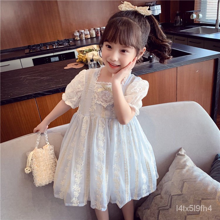 Cô Gái Đầm 2021Mới Trẻ Em Hàn Quốc Áo Ren Tay Phồng Công Chúa Cô Bé Váy