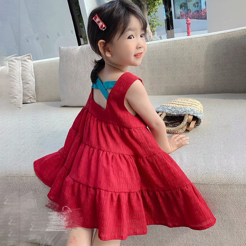 Đầm Công Chúa Mùa Hè Không Tay Hở Lưng Màu Trơn Cho Bé Gái Se7En