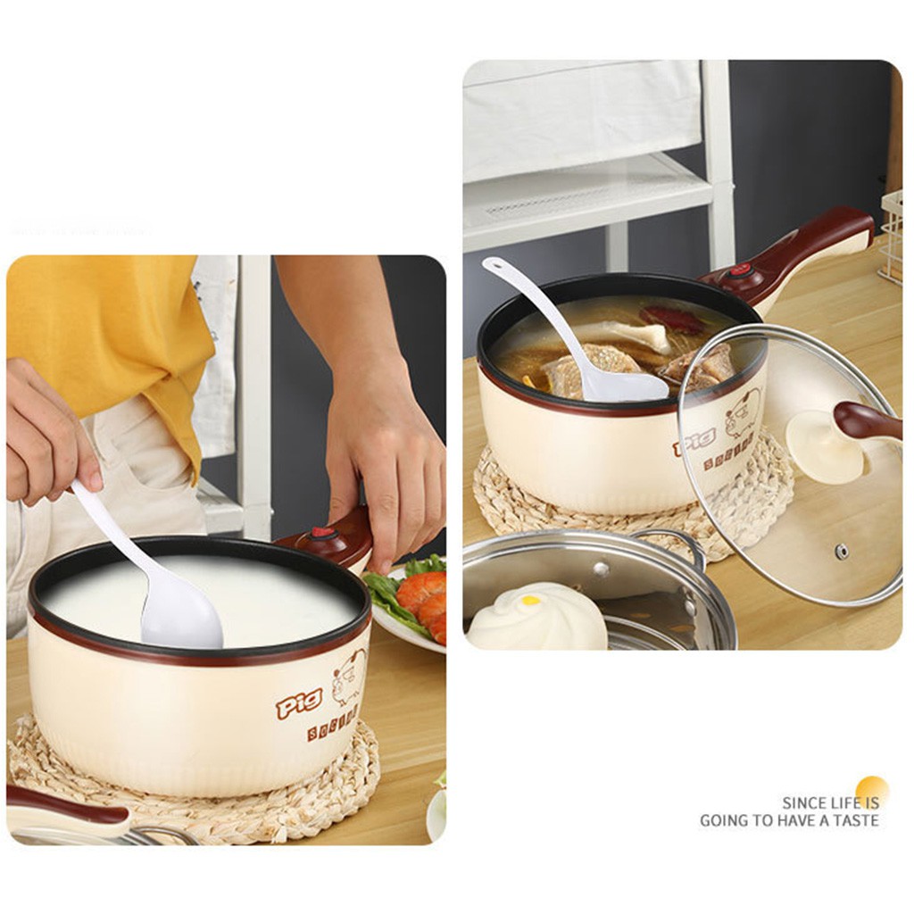 Nồi lẩu mini đa năng Pig Social 600W, 1.8Lít, nồi điện mini đa năng: nấu cơm, nấu cháo, chiên, xào