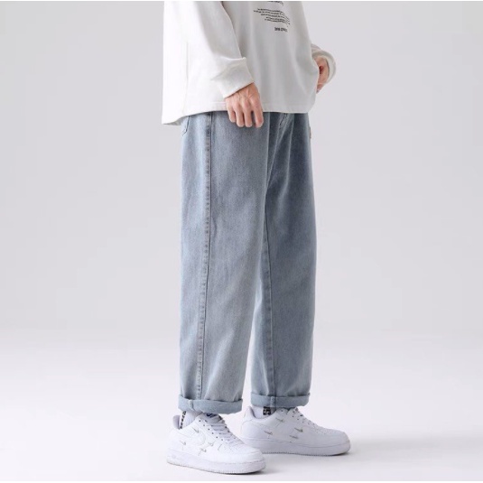 Quần Jeans Baggy Nam Cạp Chun Dây Nam, Nữ Chỉnh Eo Vừa Vặn- Form Rộng Màu Xanh