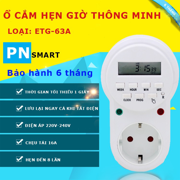 Ổ Cắm Hẹn Giờ Điện Tử Công Suất Cao ETG-63A | Hẹn giờ máy bơm nước