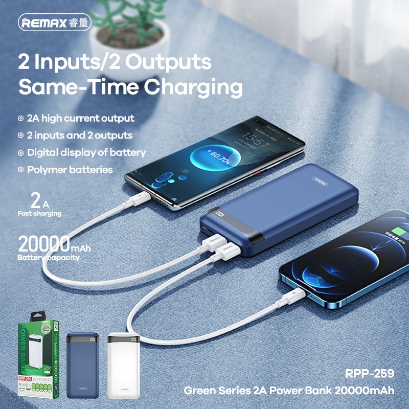 Pin sạc dự phòng Remax RPP-259 20000mAh Green Series, 2 cổng input / output - Hãng phân phối chính thức
