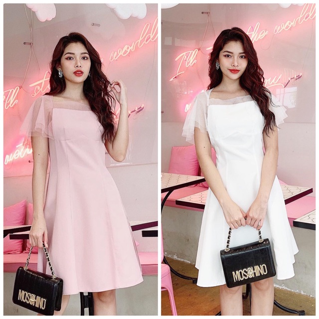 Đầm dáng xòe tay phối lưới đi tiệc xinh xắn xb