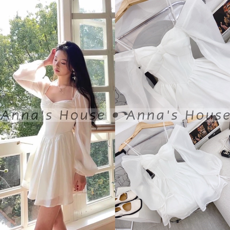 HÌNH THẬT - Đầm voan 2 dây rớt vai nơ ngực tay dài