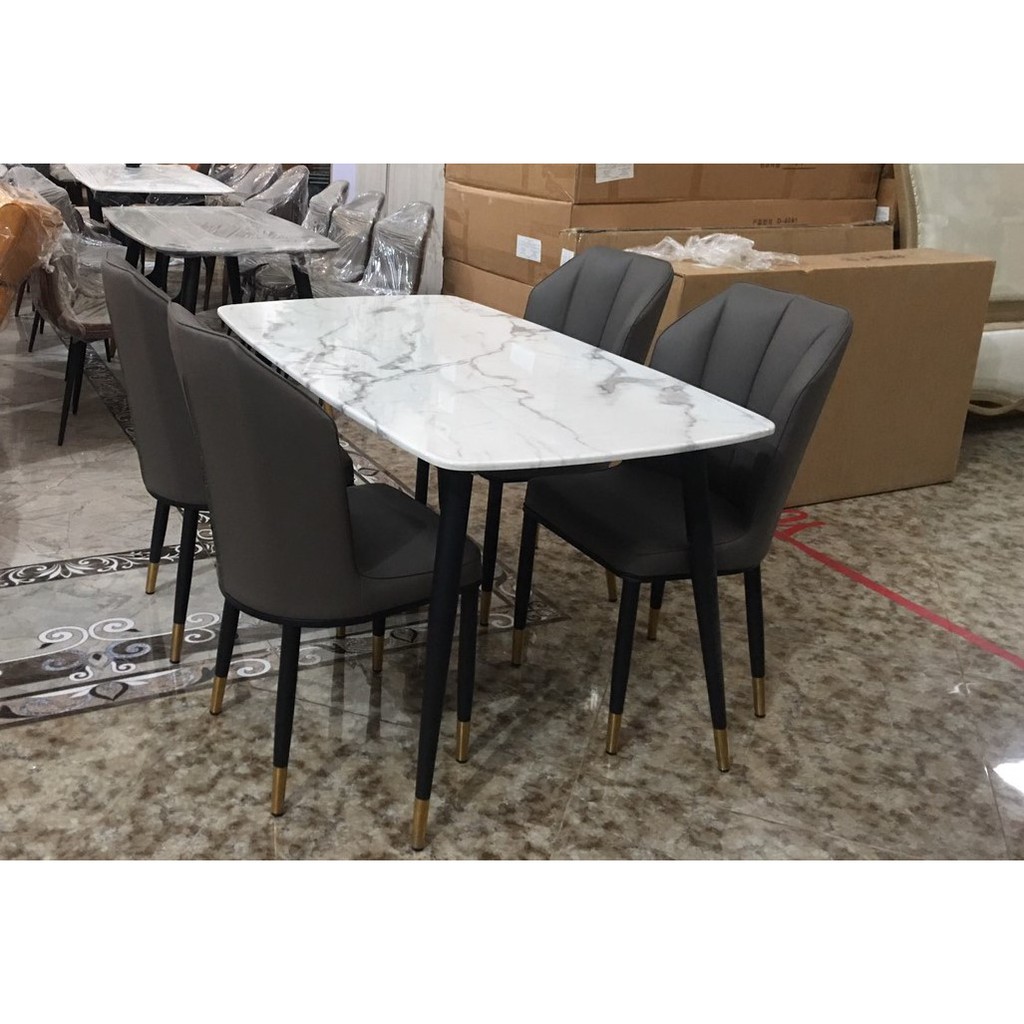 Bộ bàn ăn mặt đá Cẩm thạch + 4 ghế da